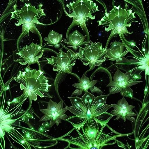 Bioluminescent Fractal Plants Under Galactic Sky