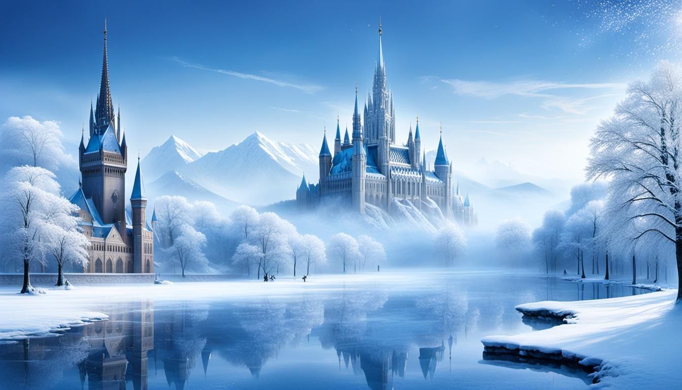 Snowy Cityscape with Frozen Lake, as Matte Painting