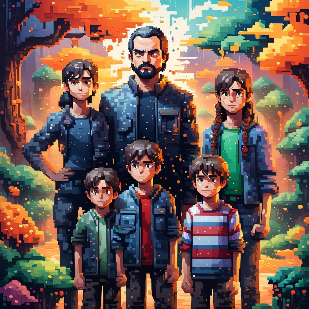 The Adam's Family in Pixelated Hyperrealism