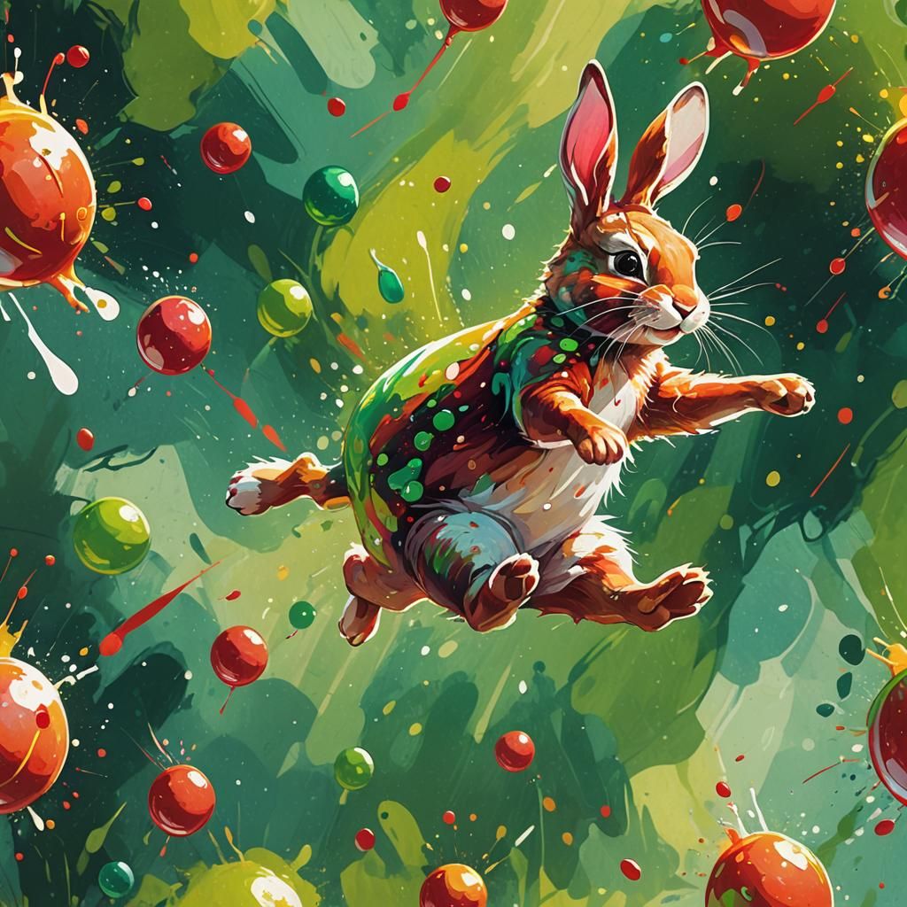 Crimson Bunny's Whimsical Bounce: Expressive Cartoon Art