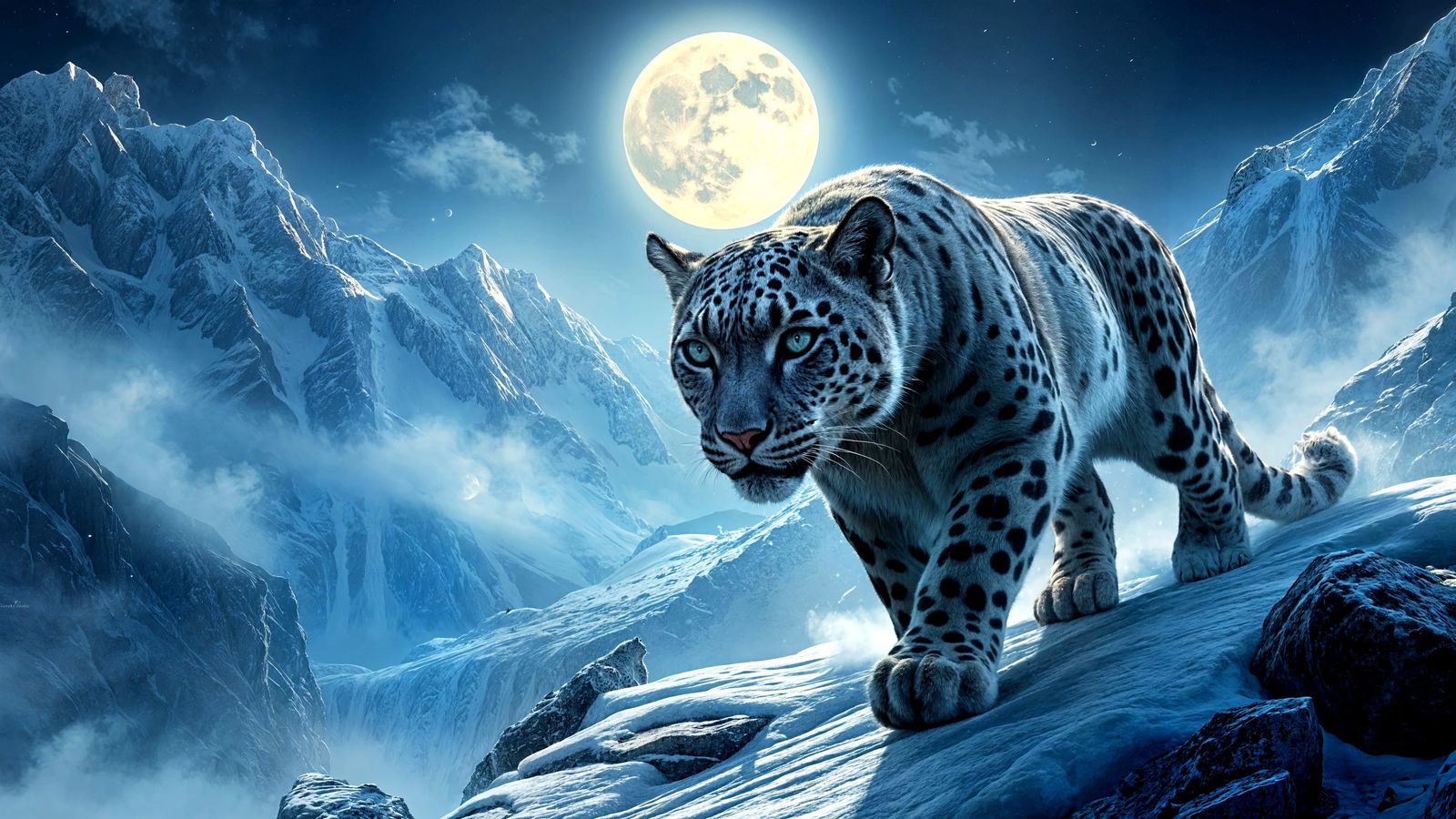 Magical Snow Leopard Under Full Moon at Night