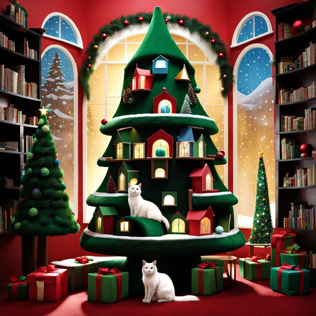 Soft fuzzy Cat condo 3d fuzzy texture  condo Unorthadox Christmas snow Tree: Against the wall in a plush house there is ...