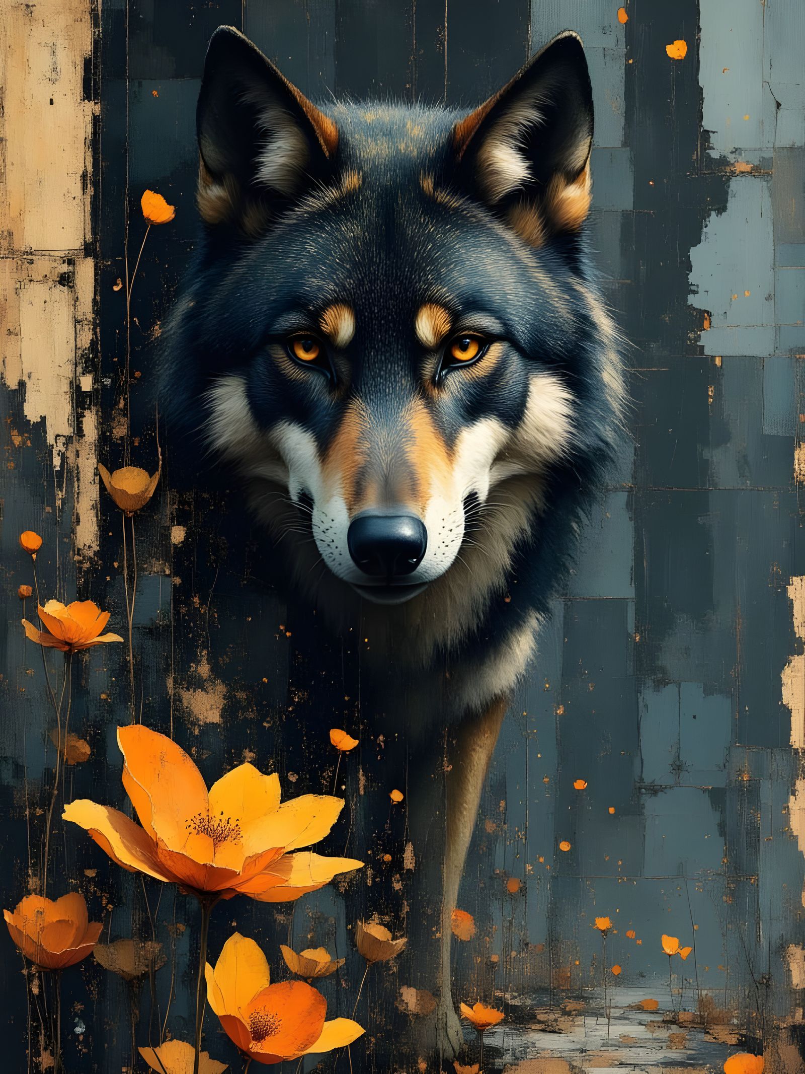 Mystical Wolf in Ruined Cityscape, Digital Painting