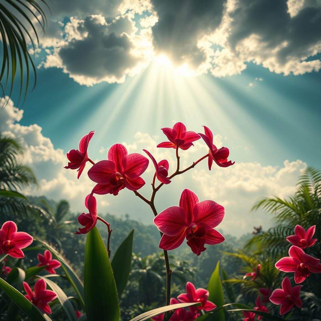 Lush Tropical Jungle with Red Orchids in 8K