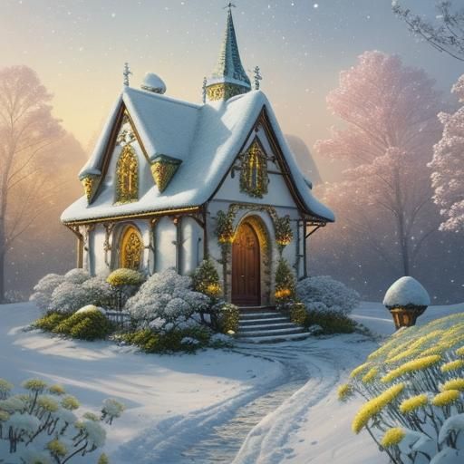 Whimsical snowy red, white , and gold christmas mushroom fai...