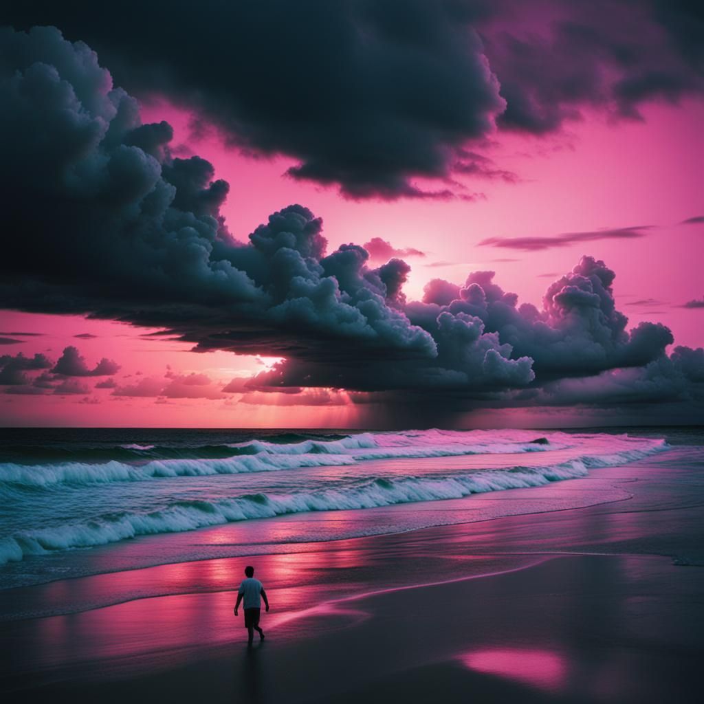 Dramatic Vaporwave Sunset Over a Cloudy Beach