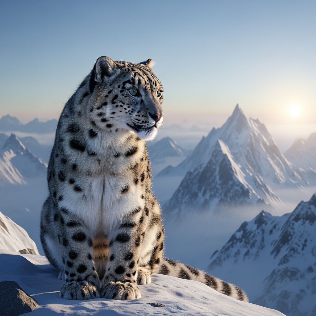 Snow Leopard on Snowy Peak at Dawn