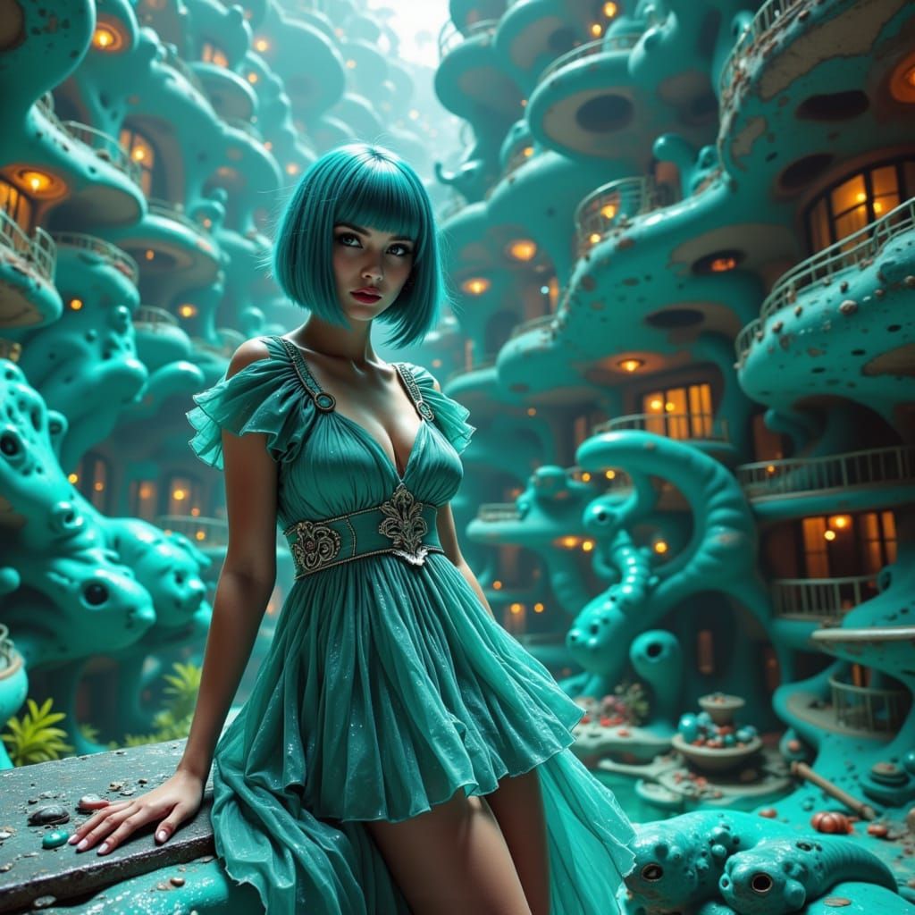 Ethereal Woman with Turquoise Hair in Striped Dress