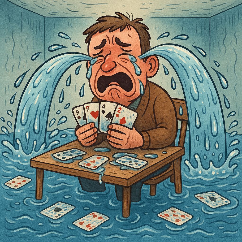 Man Drowning in Tears at Card Table