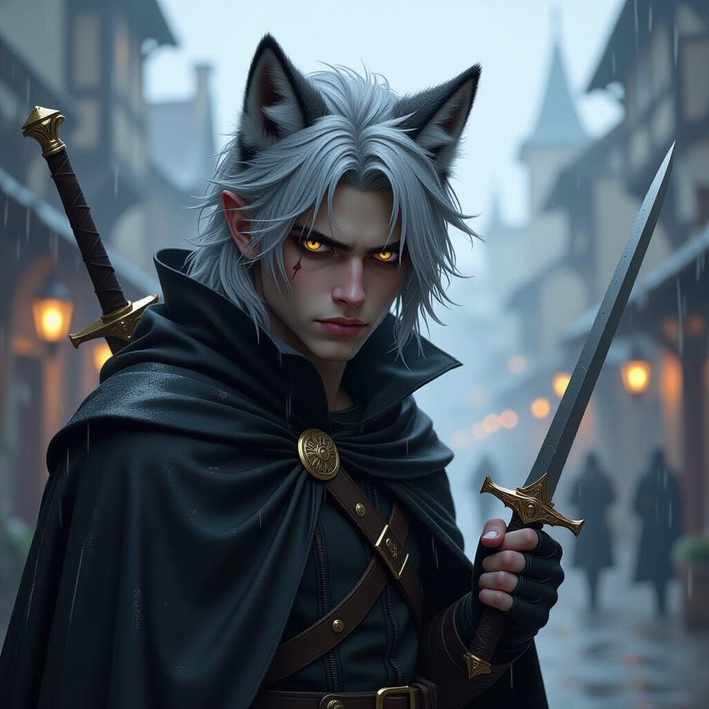 Young Man With Wolf Ears Holds Daggers in Rainy City