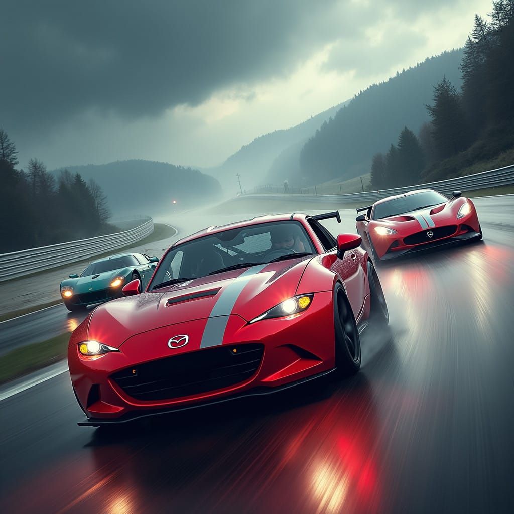 Red Mazda Miata Drifts Nürburgring in Stormy Race