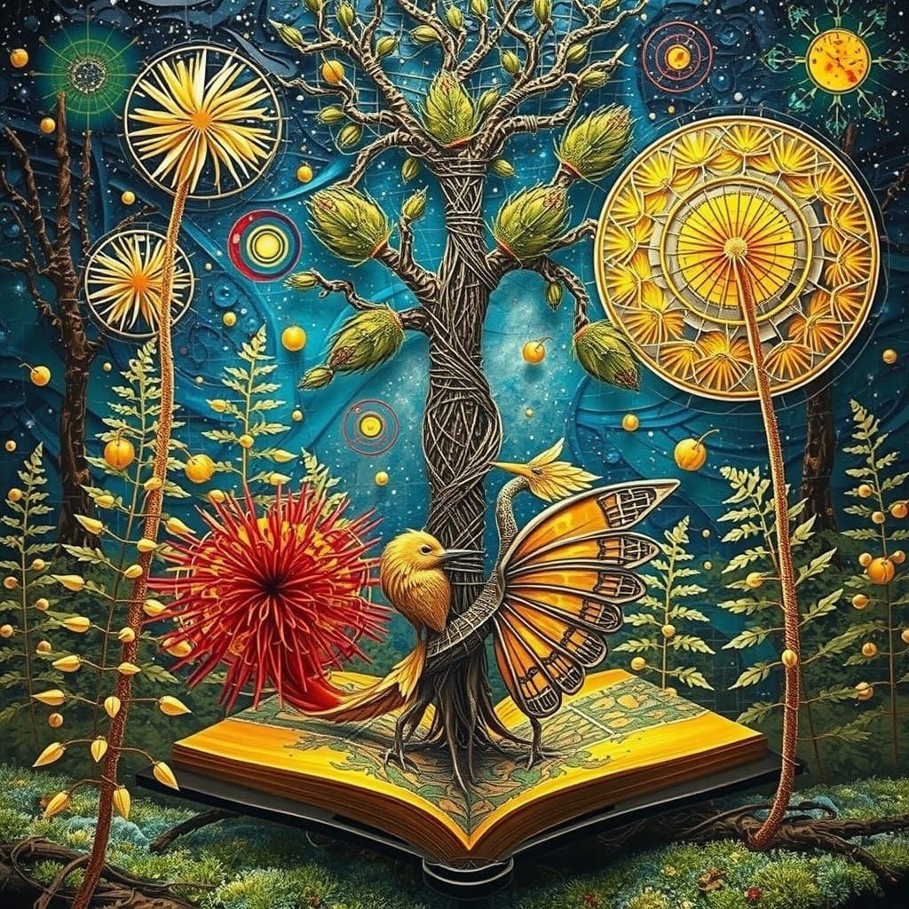 String Art Woman Kissing Bird in Ethereal Garden