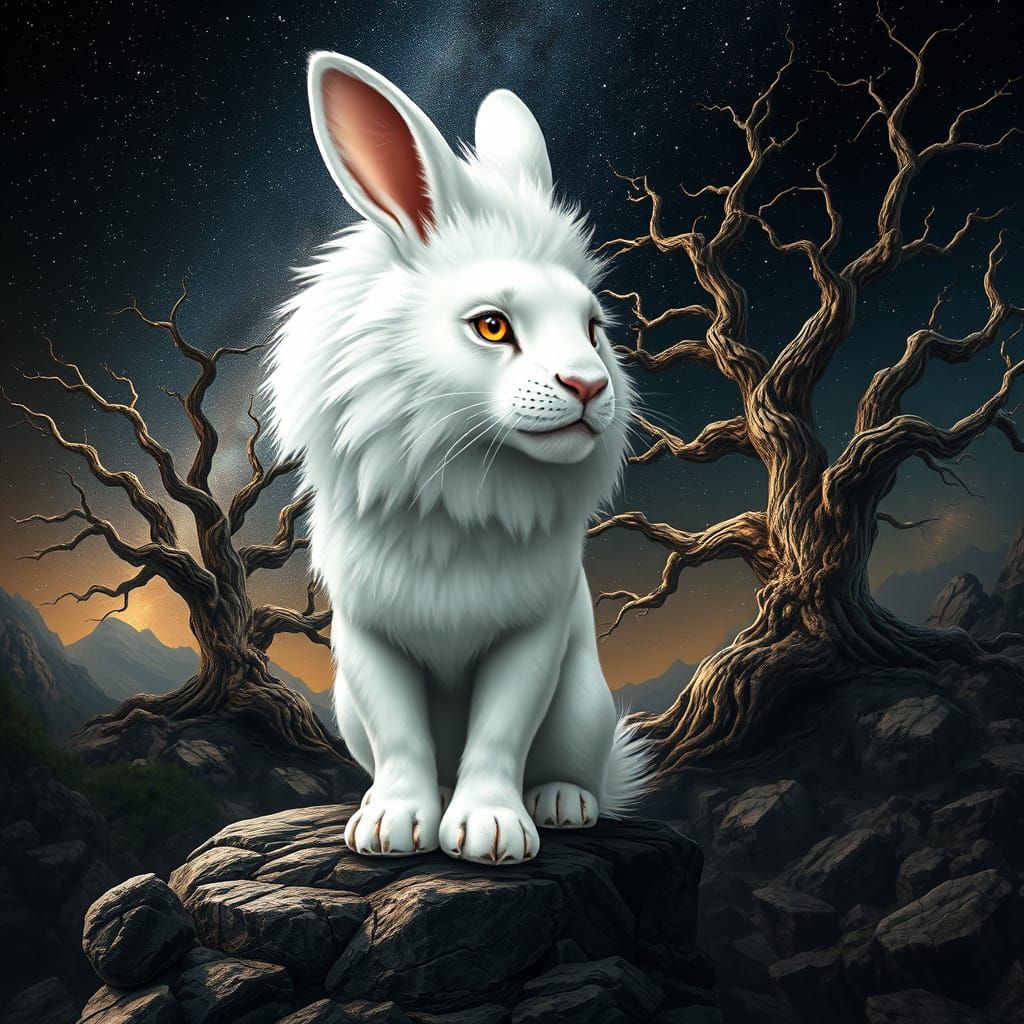 Realistic White Lion Rabbit Amidst Twisted Trees Under Starr...