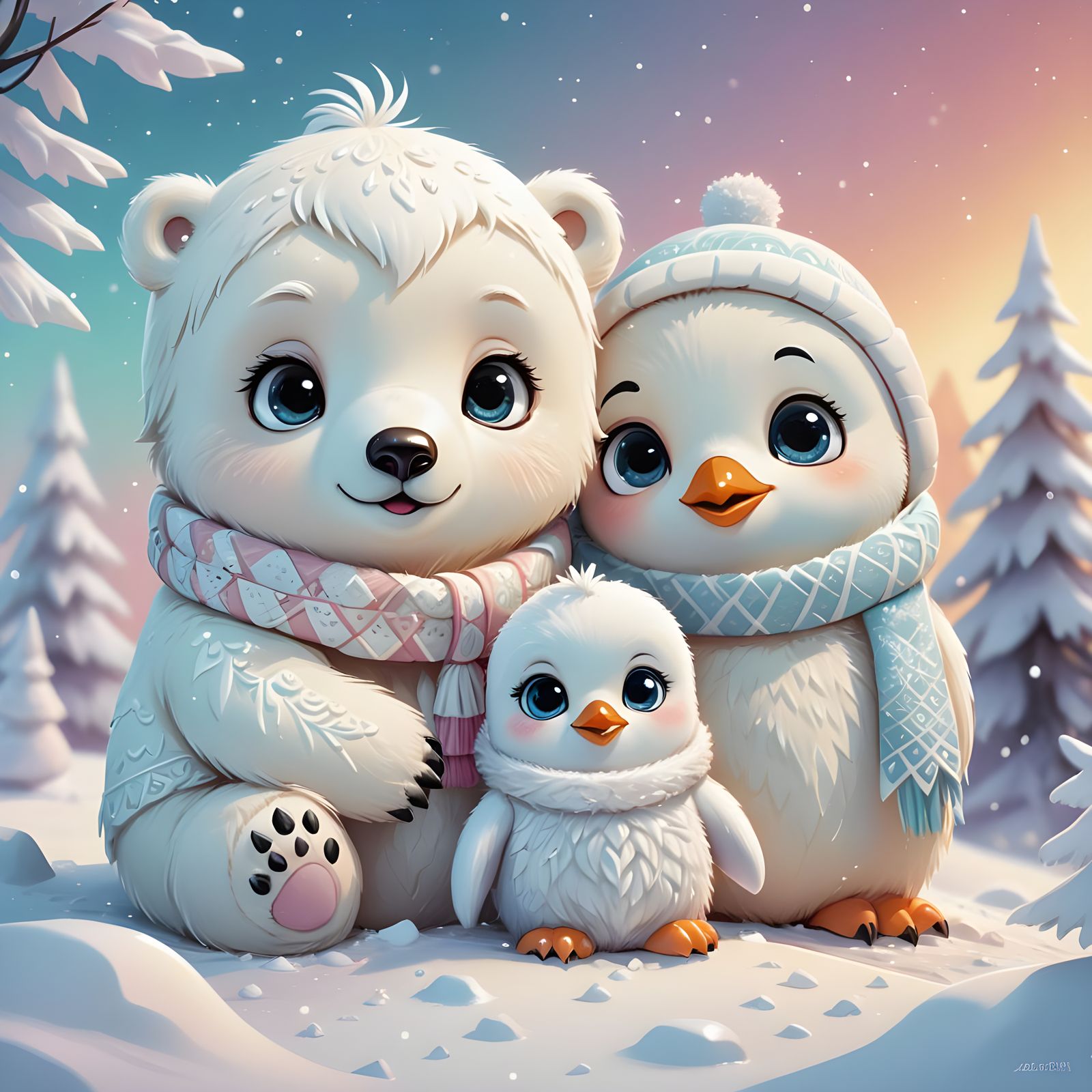 Chibi Christmas Polar Bear and Penguin in Winter Wonderland