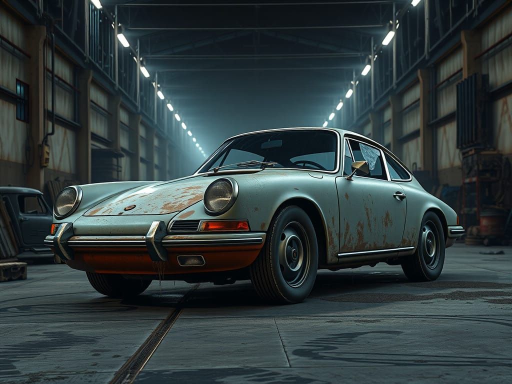 Weathered 1960s-Era Porsche in Deserted Warehouse