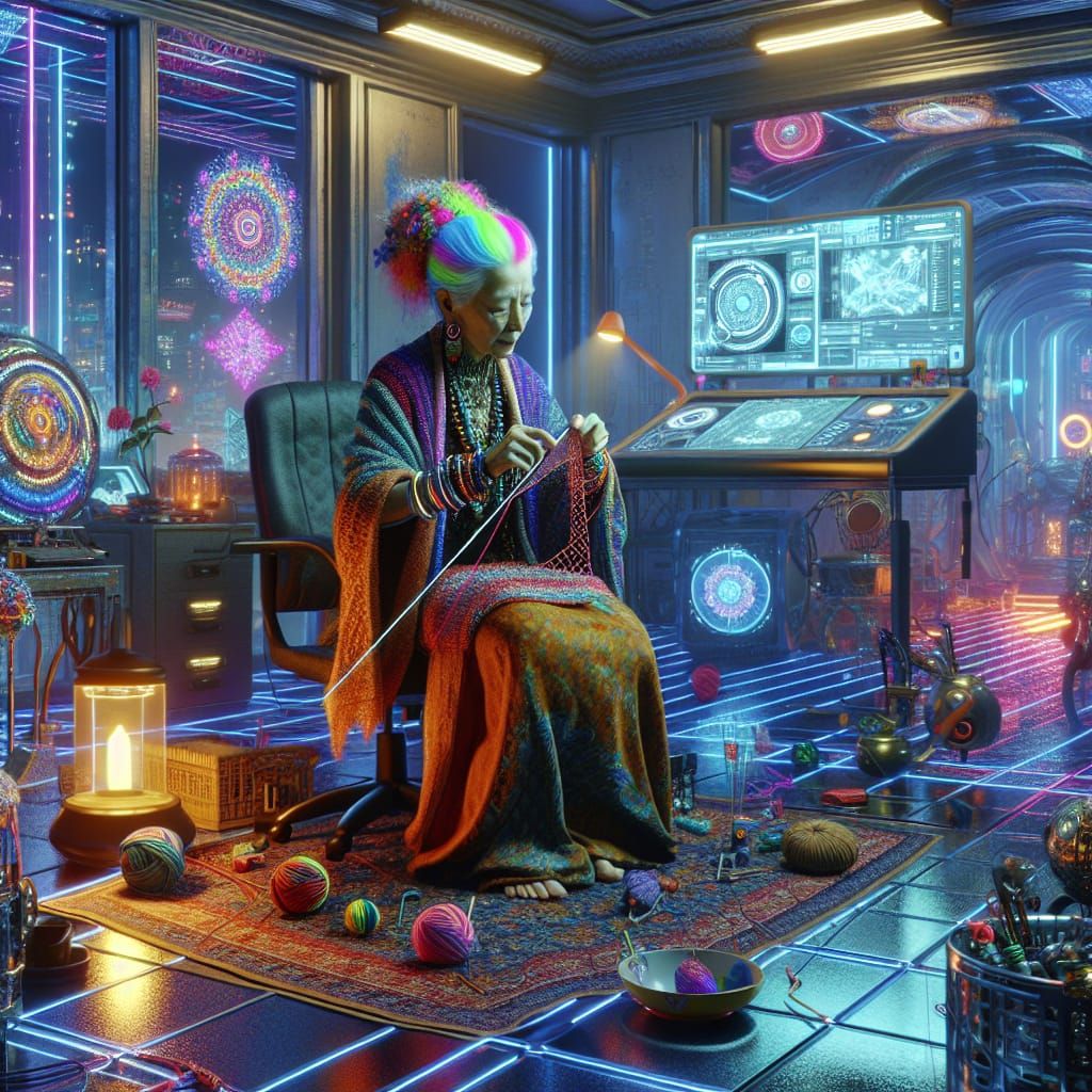 A 3D beautiful woman in a Cyberpunk Disney Pixar style, sitting in a chair in a cyberpunk home office, knitting. The hom...