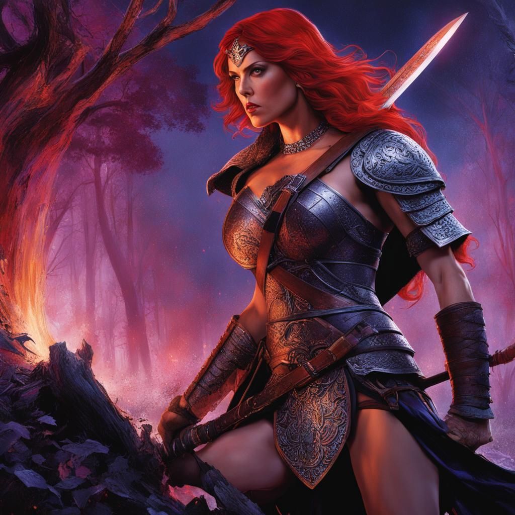 Red Sonja in Hyperrealistic Woodlands Battle Scene