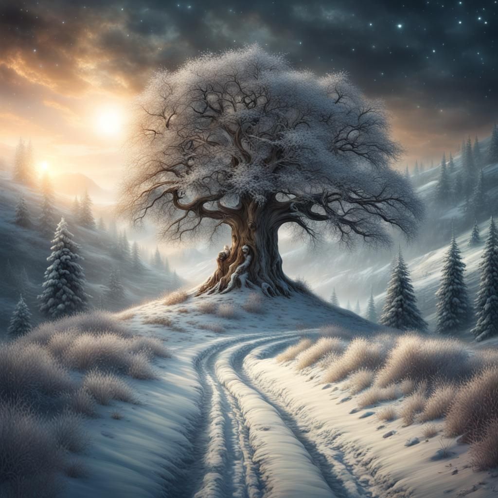 Icy Starry Night: Winter Tree Landscape