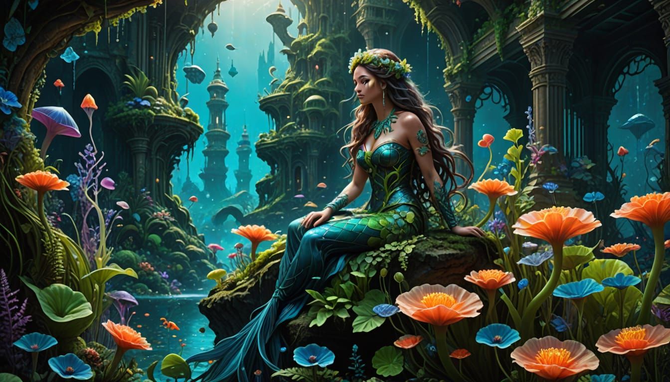 Hyperrealistic Underwater Mermaid Cityscape in Oil Painting ...