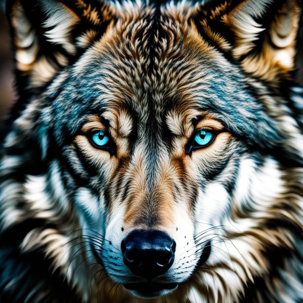 Wolf Face with Turquoise Eyes, Deep Color Portrait