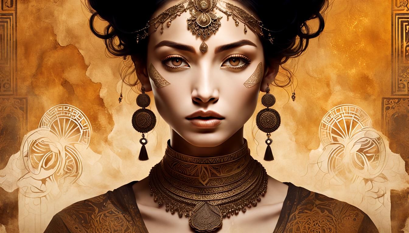 Mystical Woman with Geometric Tattoos and Golden Jewelry