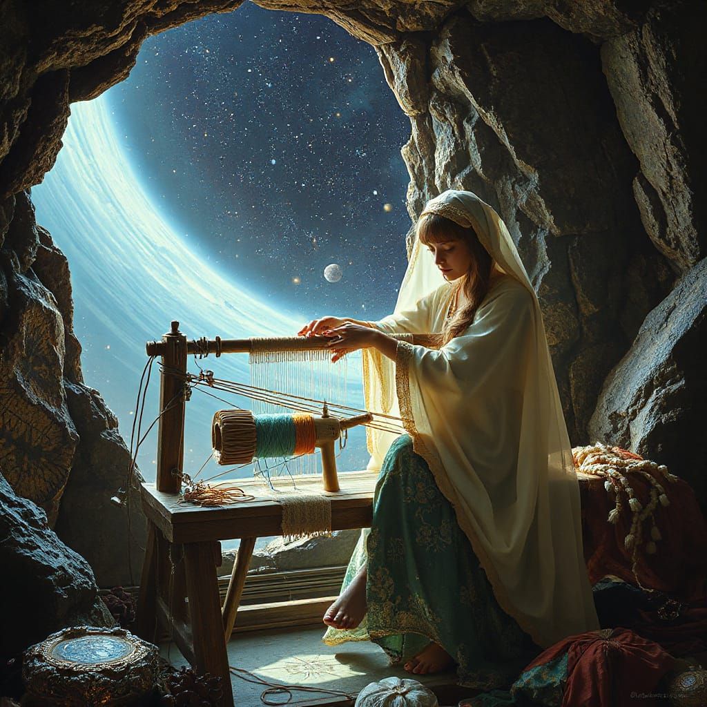 Celestial Seamstress Weaving Starlight Tapestries in Art Nou...
