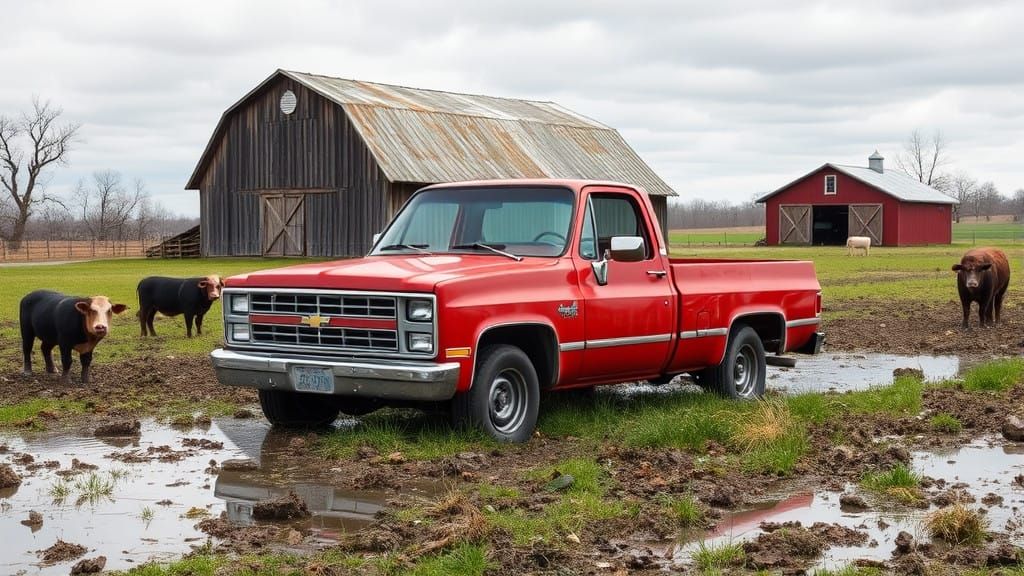 Rustic Pickup Truck in Field of Cowpies