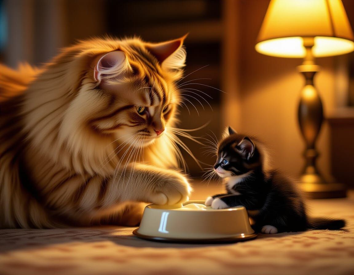Ginger Cat Cares for Kitten in Cozy Home