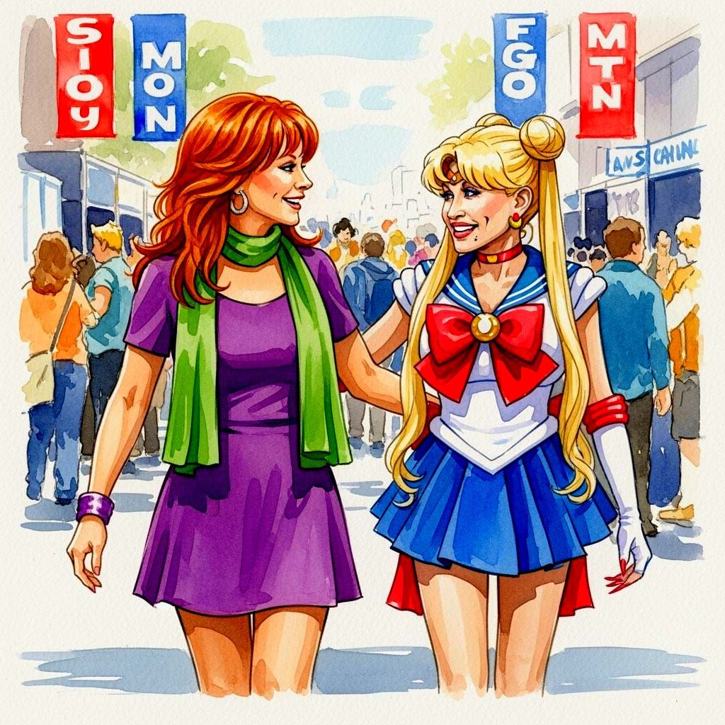 Reba & Dolly as Sailor Moon at ComiCon Watercolor Painting