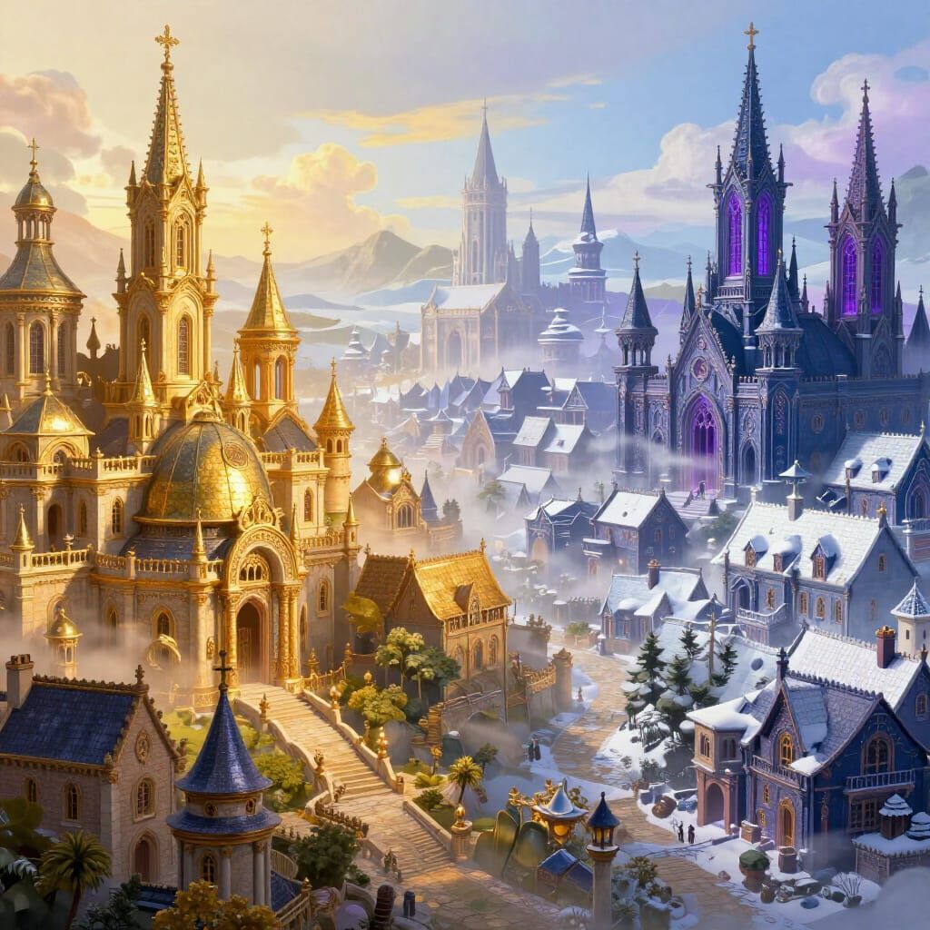 Medieval Townscape Transitions From Summer To Winter