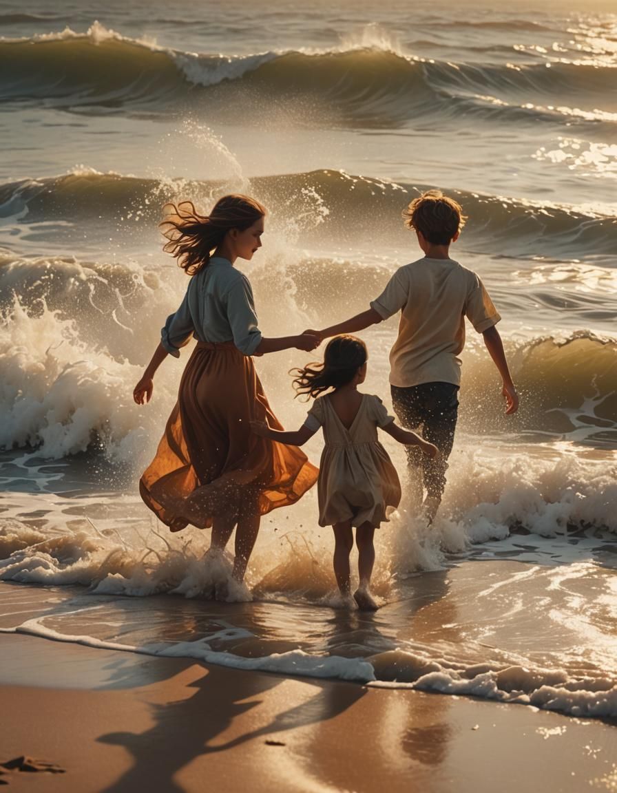 Children Playing on Beach in Golden Hour Light