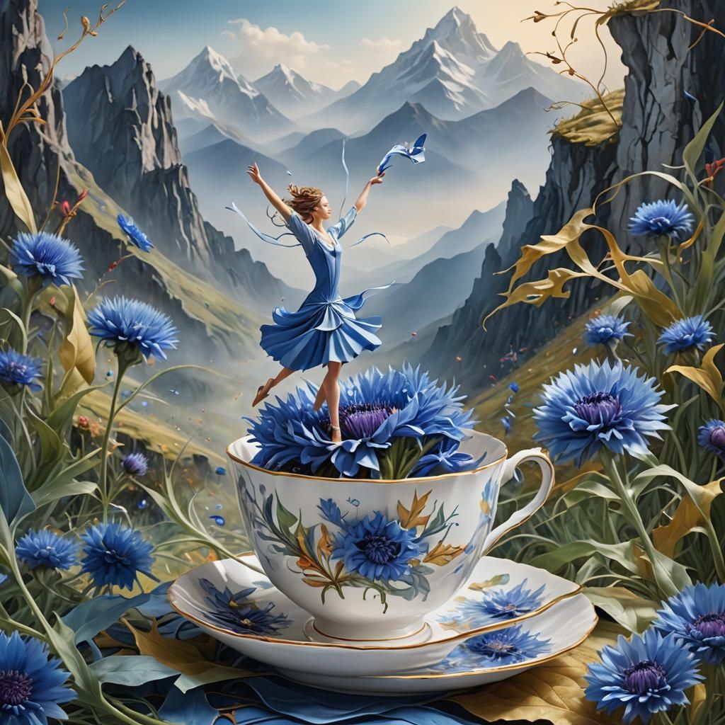 Cornflower Teacup on a Mountain, 3D Render