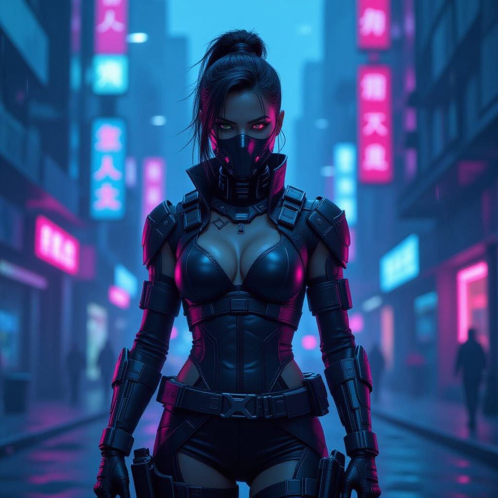 Cable in Neon-Lit Futuristic Cityscape