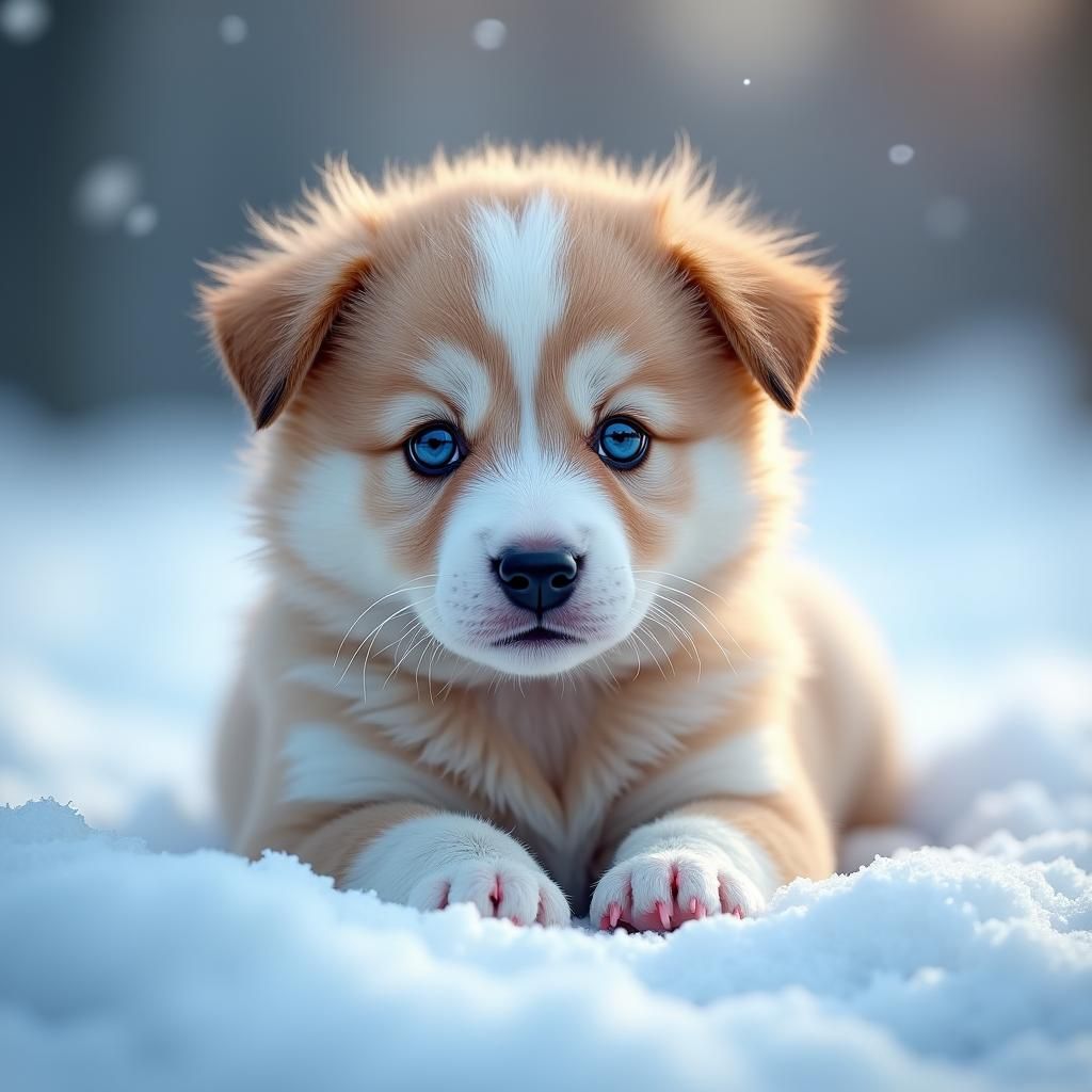 Hyperrealistic Puppy with Blue Eyes in Snow
