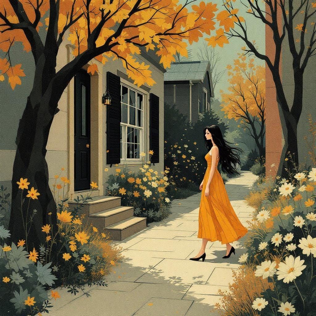 Woman Walks Down Sunlit Street in Fairy Tale Style