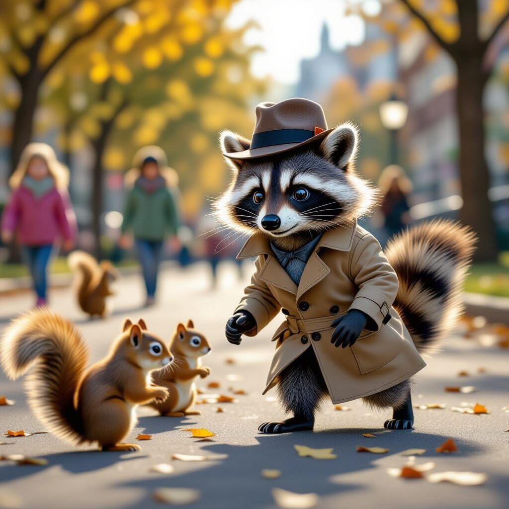 Detective Raccoon Tails Squirrels in City Park
