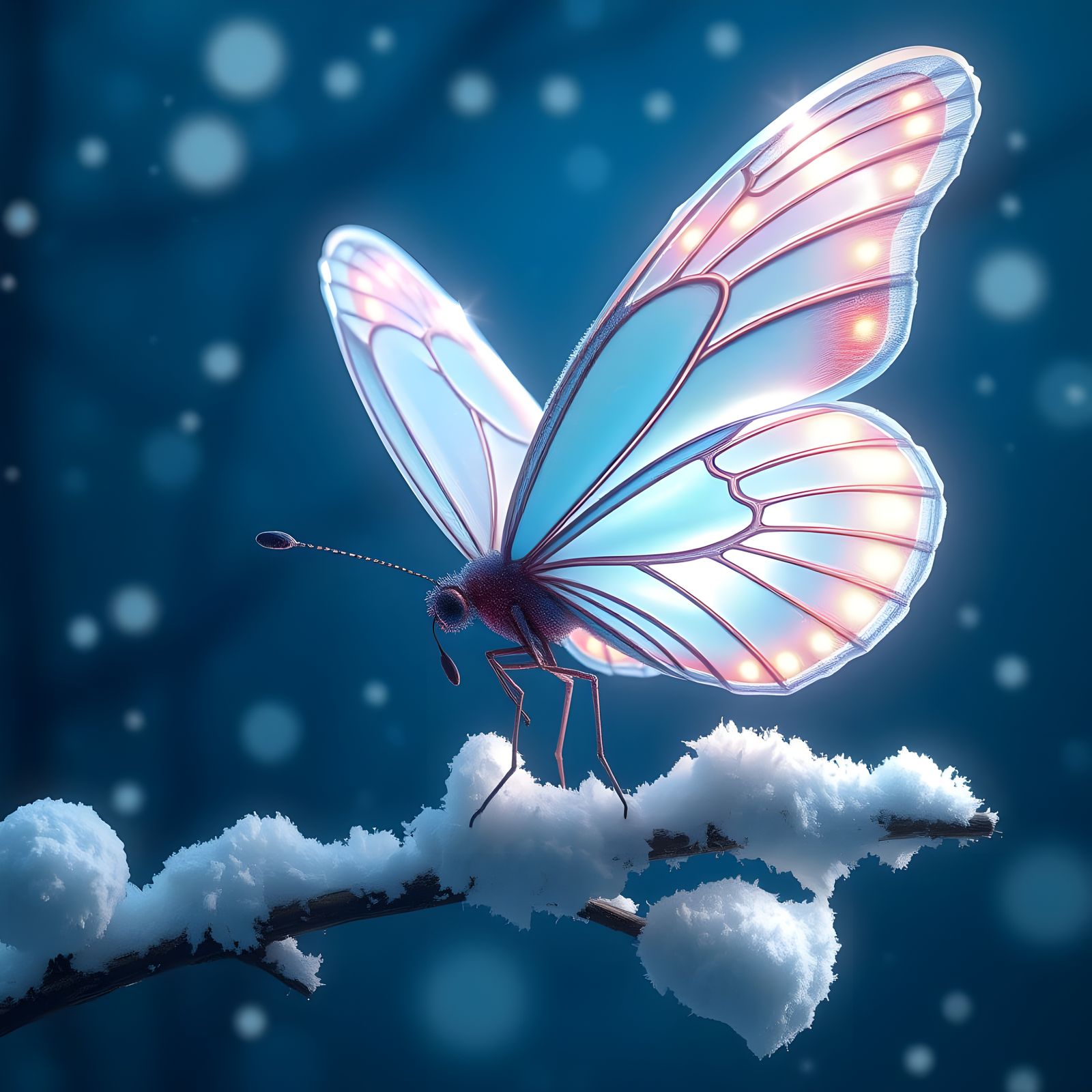 Glowing Iridescent Butterfly in Snowy Nighttime Scene
