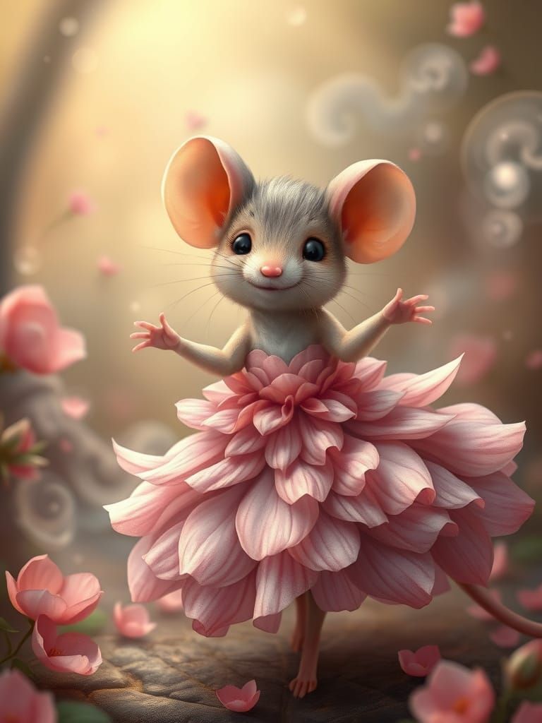 Mouse in Petal Dress Dances in Ethereal Mist