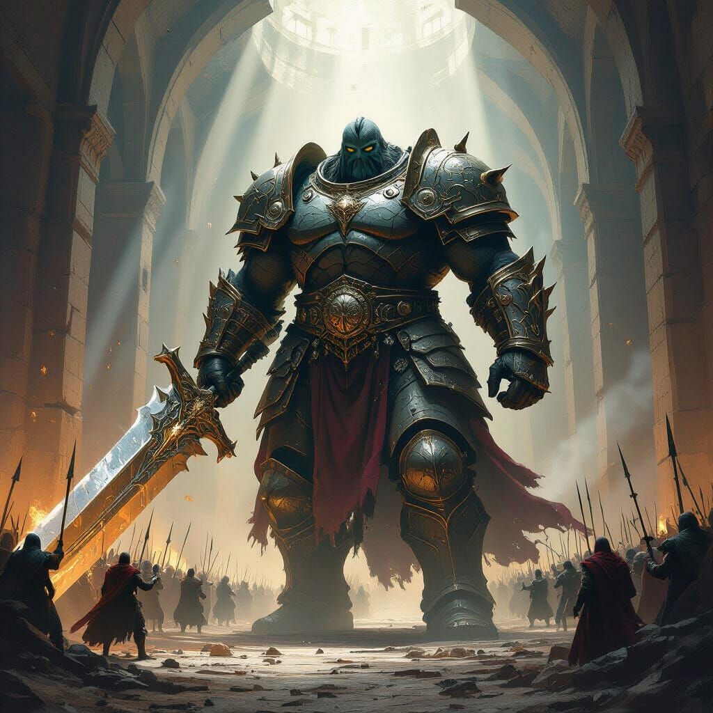 Giant Wields Colossal Sword Leading Army in Fortress
