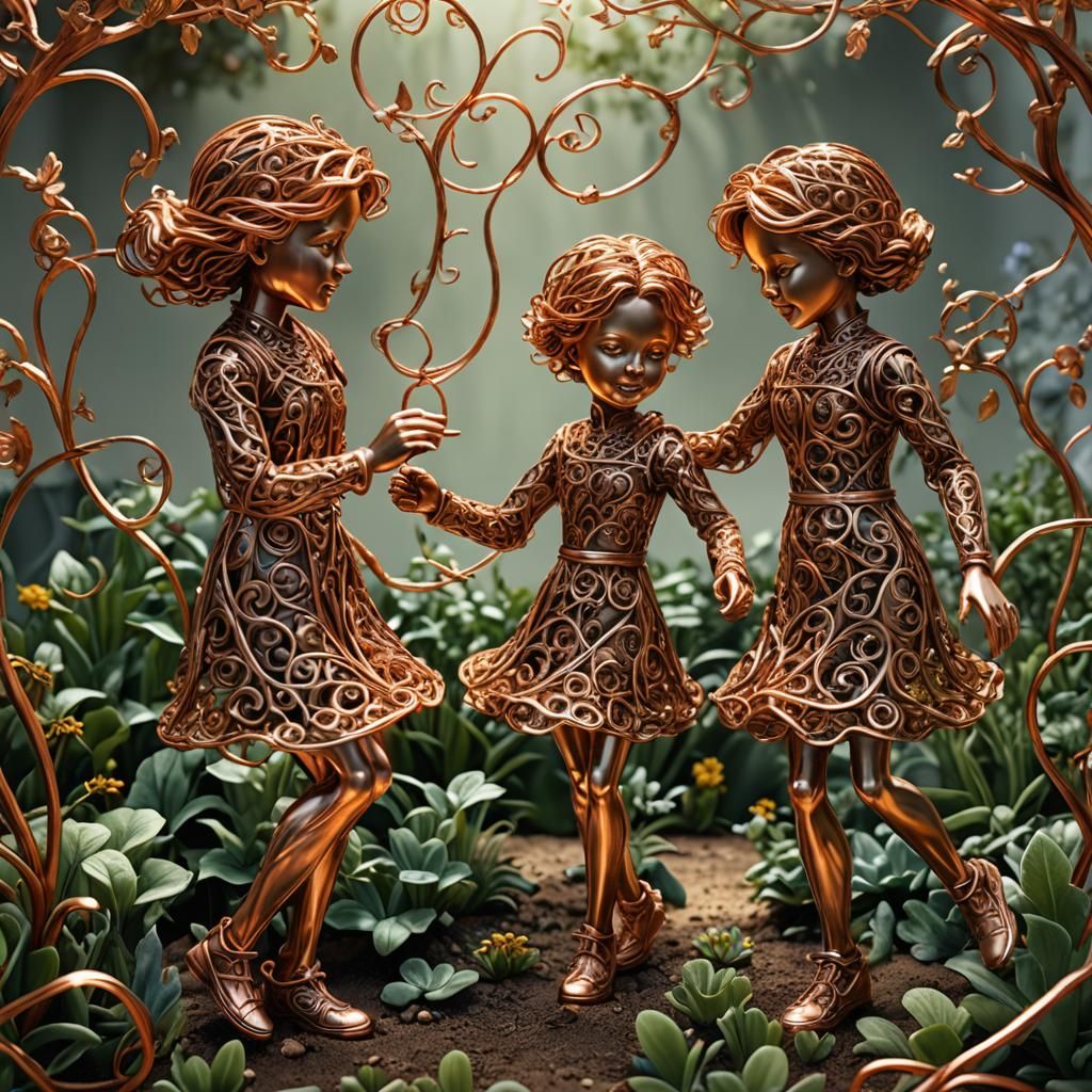 Intricate Wire Figures of Children Playing in Garden