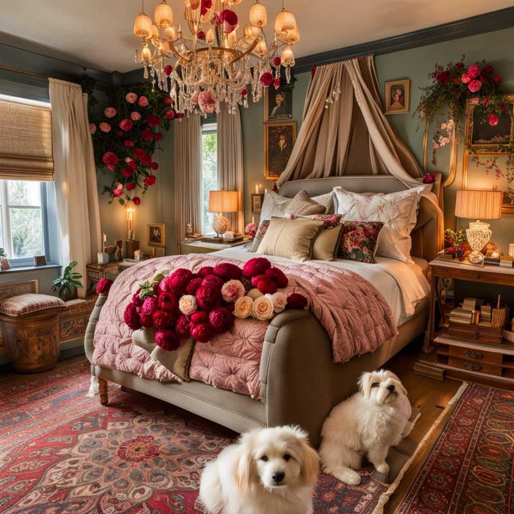 Romantic Bedroom with Puppy and Peonies