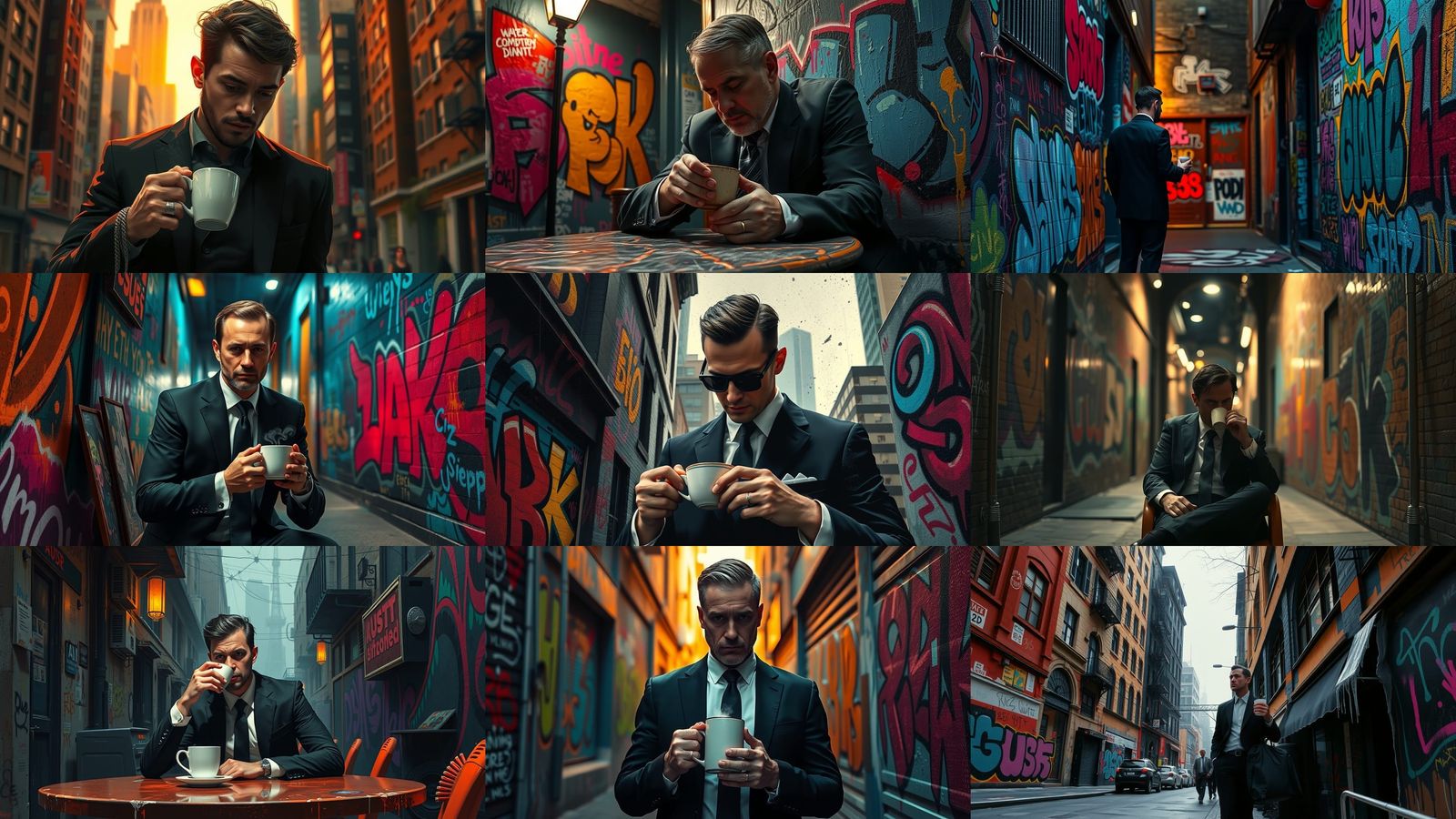 Man in Black Suit Having Coffee, Graffiti Art