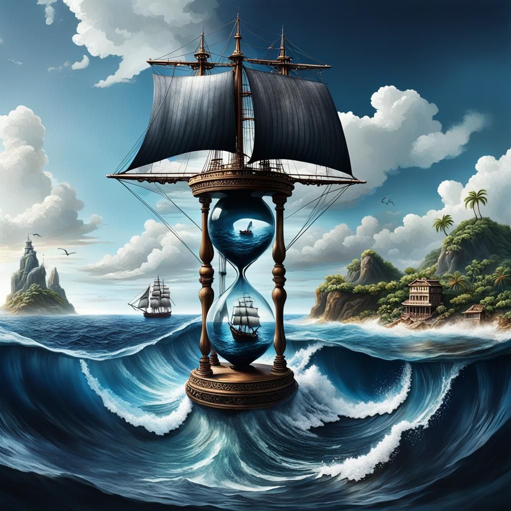 Sailing Ship Sinking in Hourglass: Hyperrealistic Seascape