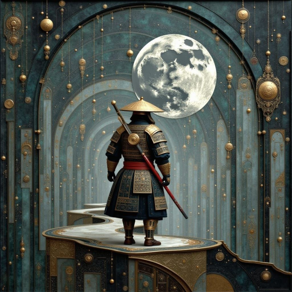 Samurai in Bamboo Forest Under Giant Silver Moon