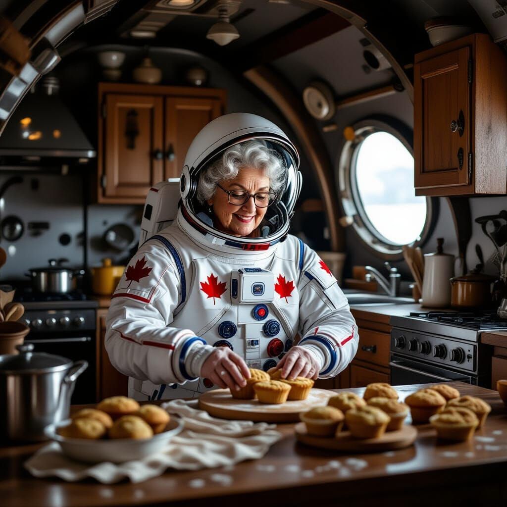 Grandmother Baking Muffins in Spaceship Kitchen