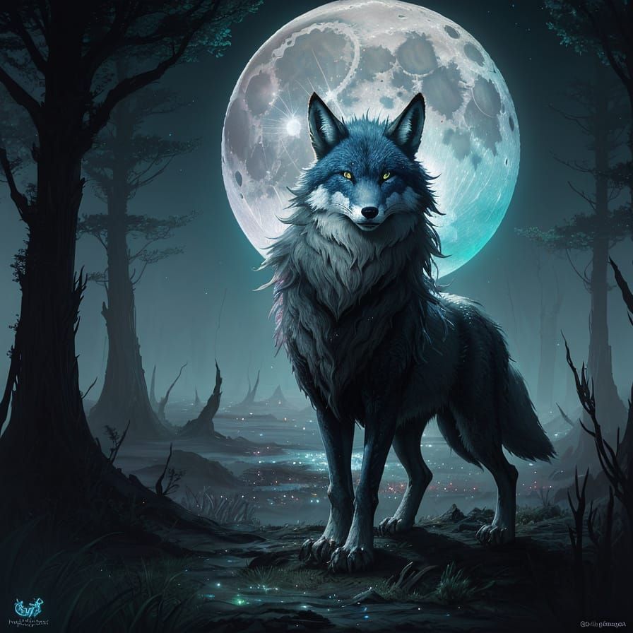 Mystical Fox Wolf Hybrid Under Luminous Moon