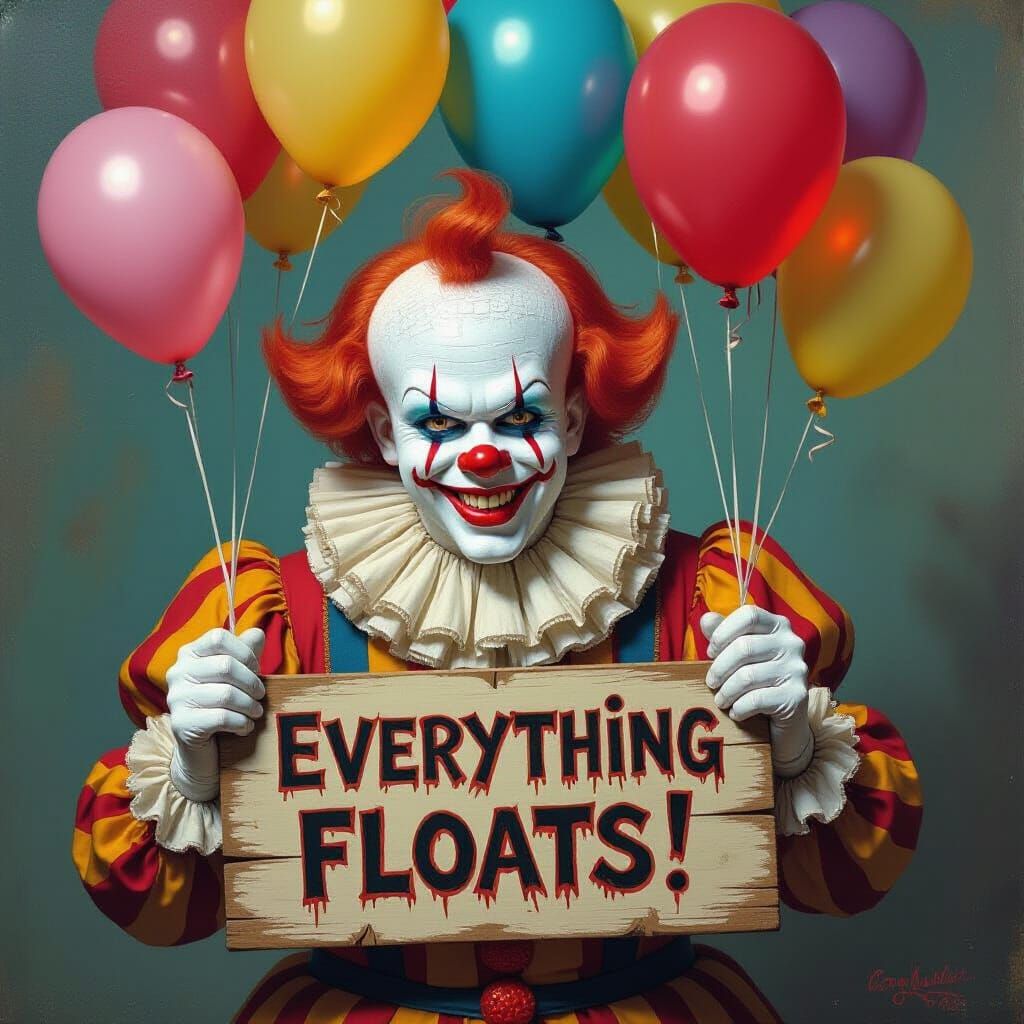 Scary Clown Smiling with Balloons, Airbrushed Oil Painting