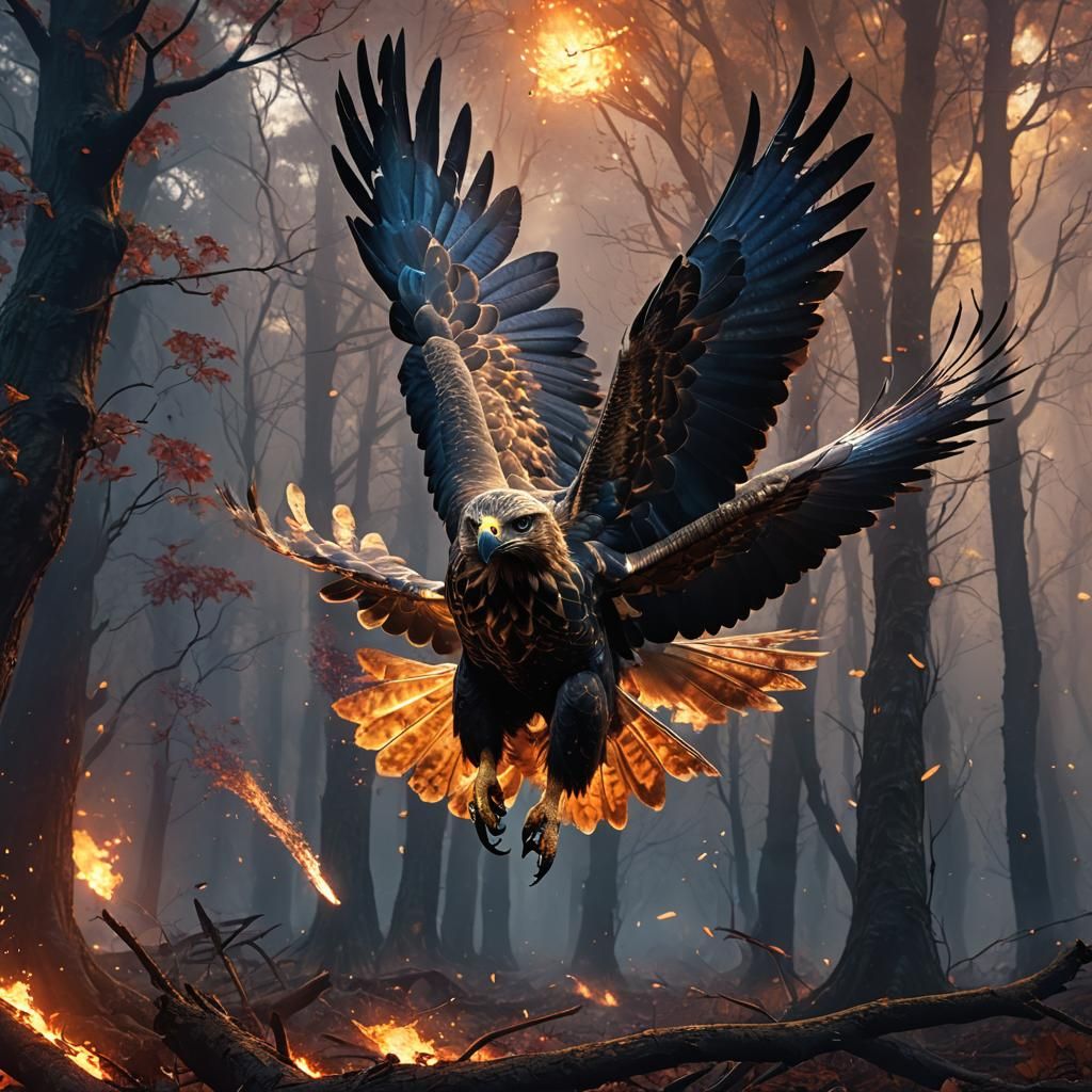 Fiery Hawk Soaring Through Mystical Forest
