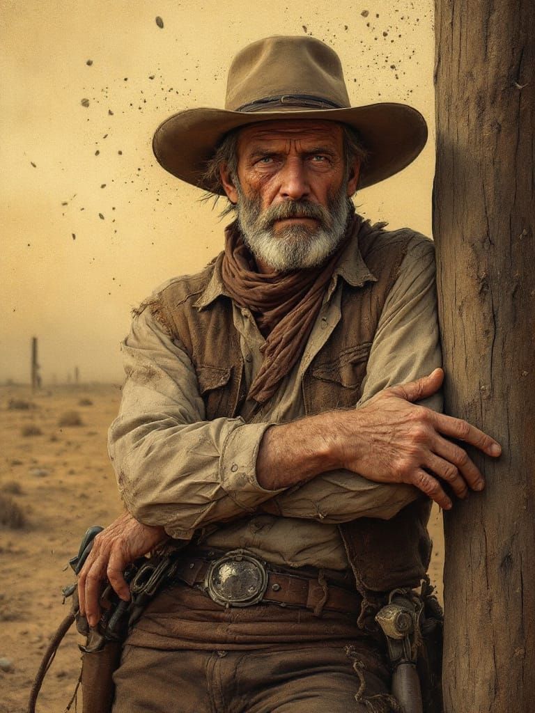 Weathered Cowboy in Sepia Tones at Dusk