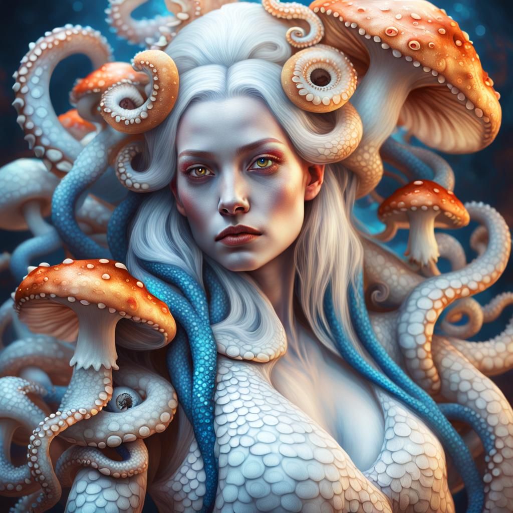 Albino Reptile Woman with Octopus and Mushrooms